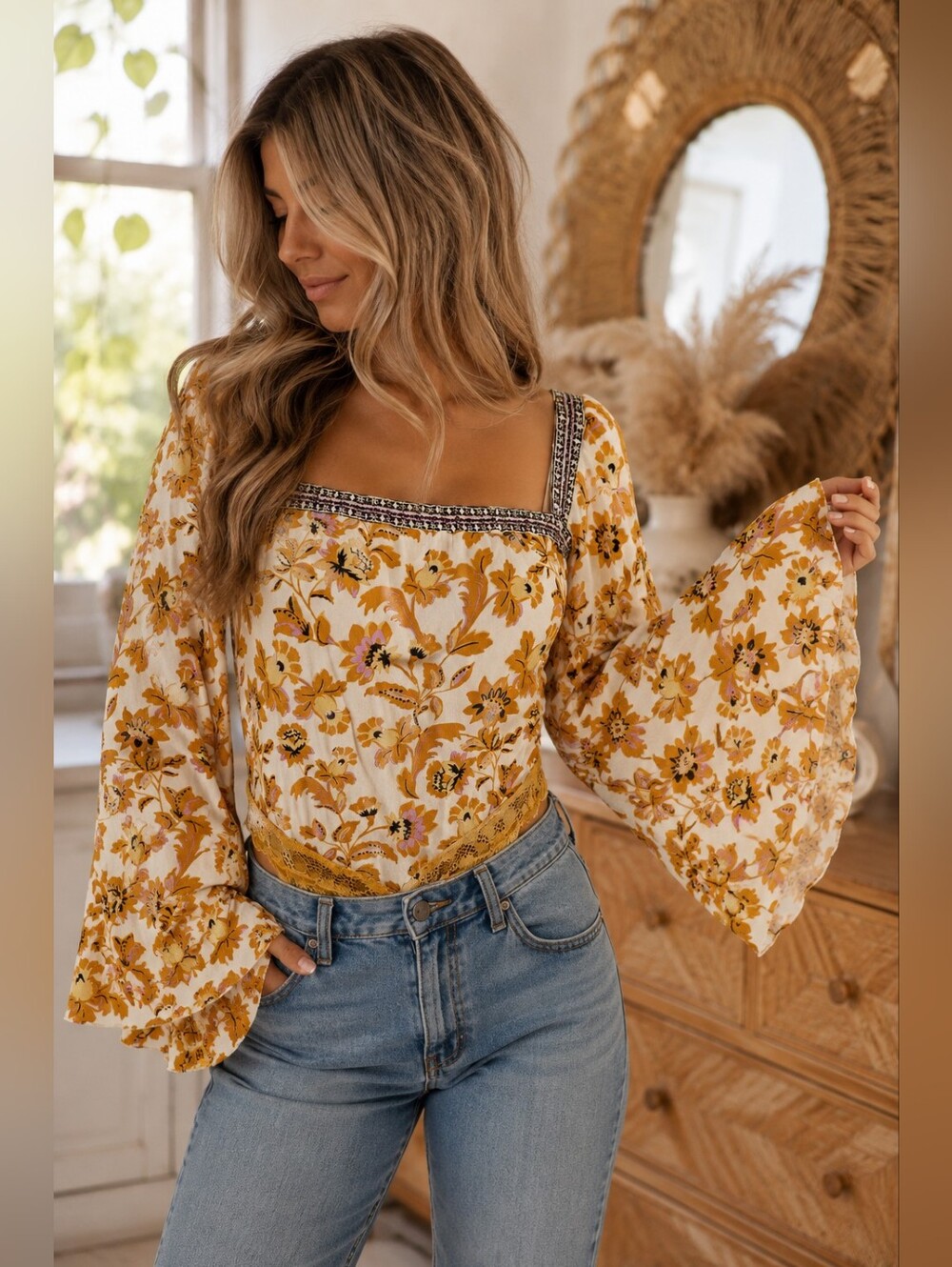Free People Blooming Boders Floral Square-Neck Bell Sleeve Boho Bodysuit/Onesie